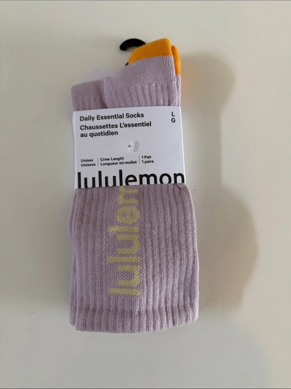 NEW Lululemon Daily Essential Socks Size L Lavender Yellow Unisex Crew Length